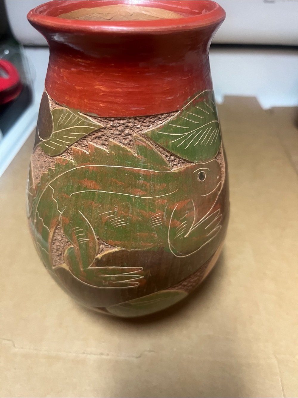 Handcrafted Red & Green Ceramic Vase with Lizard Motif